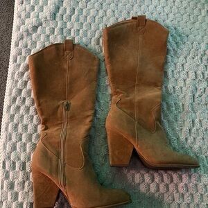 Suede Mid-Calf Heeled Boots in Brown
